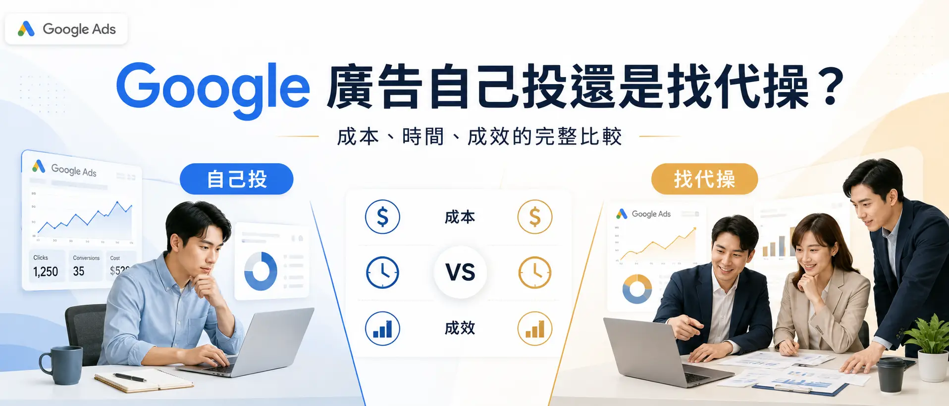 Google 廣告自己投還是找代操?成本、時間、成效的完整比較 2026